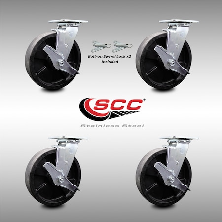 Service Caster 8 Inch SS Glass Filled Nylon Caster Set with Roll Bearings 4 Brake 2 Swivel Lock SCC-SS30S820-GFNR-TLB-BSL-2-TLB-2